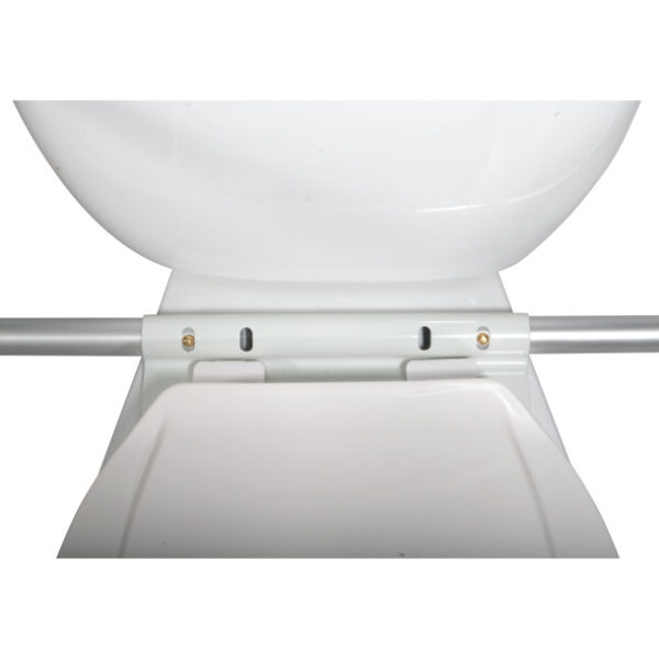 Close-up of a Free Standing Toilet Safety Frame, highlighting the white seat with metal hinge and screws attached to the top, viewed from a slightly downward angle.