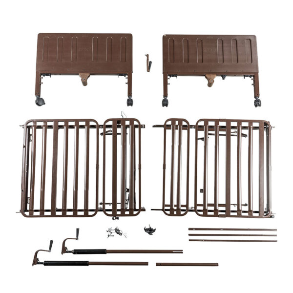 Disassembled parts of a Delta® Pro Homecare Hi-Low Bed System in brown metal laid out on a white surface, including side rails, headboards, footboards, and hardware.