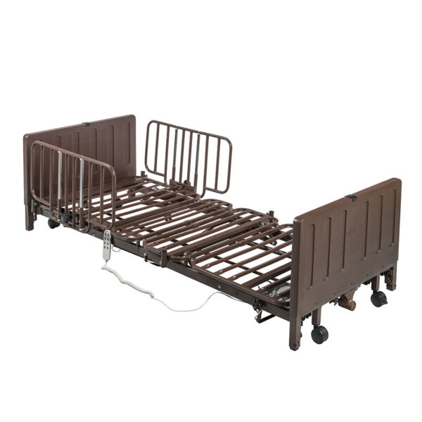 Delta® Pro Homecare Hi-Low Bed System featuring a robust metal frame, secure side rails, and a convenient wired remote control.