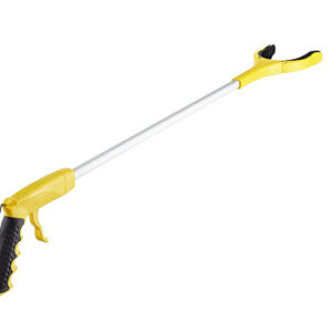 Introducing the Pluck'er Up - Reaching Aid with a short handle, featuring a yellow and black design and a trigger mechanism for picking up objects.