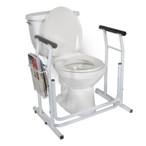 A Free Standing Toilet Safety Frame featuring a white toilet with assistive support frames on both sides and a magazine rack attached to the left support rail.