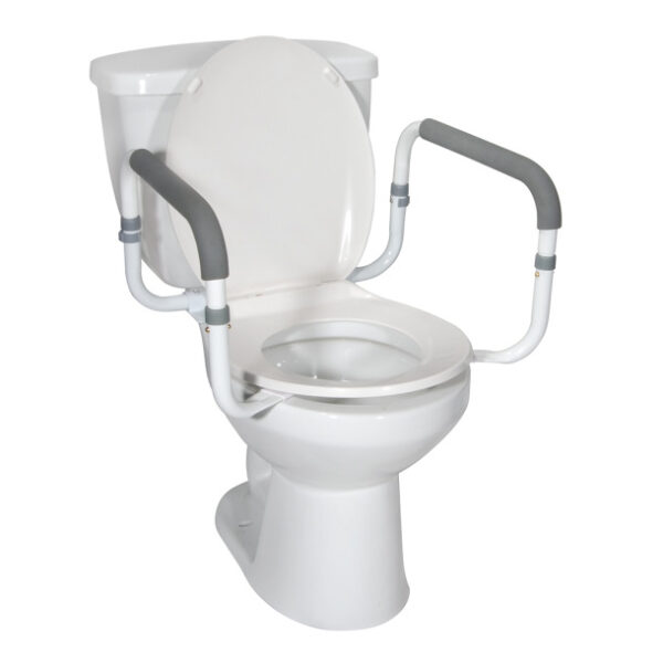 A Toilet Safety Frame featuring a white toilet with attached gray handrails for support and stability.