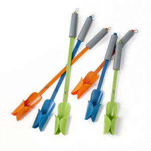 Four vibrant plastic Pluck’er Up - Reaching Aids (Short Handle) with foam handles and curved scoops at one end, displayed on a white background.