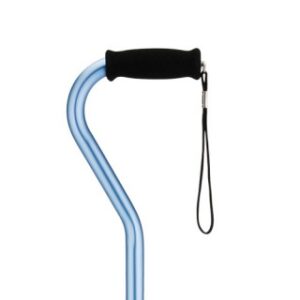 Close-up of the handle of a Nova Offset Cane in blue, featuring a black wrist strap and ergonomic grip.