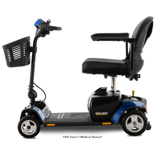 Side view of the Go Go® Elite Traveller 4-Wheel mobility scooter in blue, featuring a front basket and a padded seat with armrests.