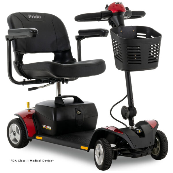 The Go Go® Elite Traveller, 4-Wheel, 18 Ah Battery mobility scooter features a red and black design with a front basket, armrests, and a comfortable seat.