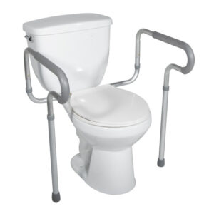 A Toilet Safety Frame with Padded Arms, featuring adjustable safety frame and padded armrests for support and stability, fitted to a white toilet.