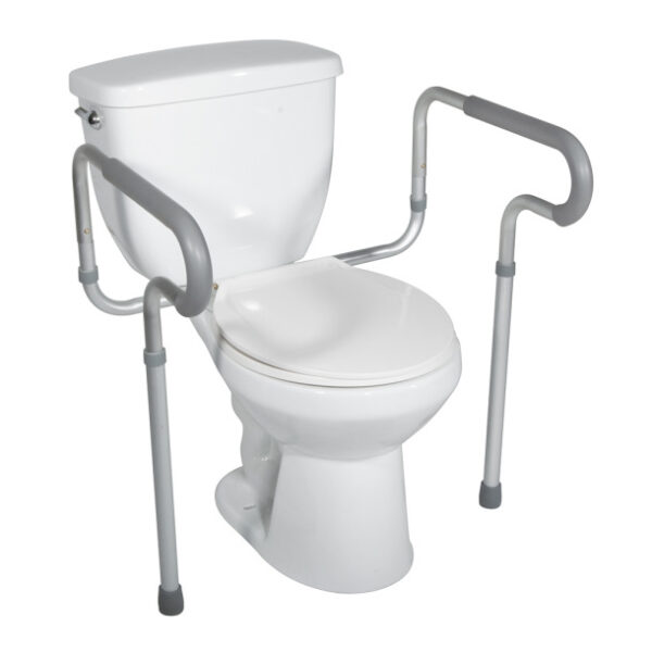 A Toilet Safety Frame with Padded Arms, featuring adjustable safety frame and padded armrests for support and stability, fitted to a white toilet.